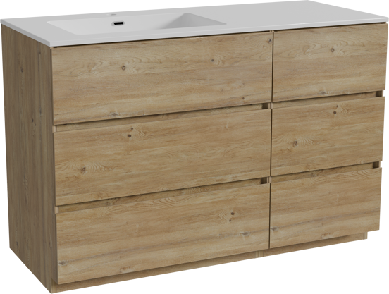 Storke Edge meuble salle de bains à poser 120 x 52 cm chêne brut avec Diva plan vasque asymétrique à gauche en marbre composite blanc brillant