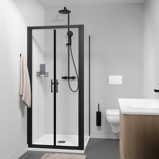 Linie Cadiz Eckdusche Pendeltür mit fixierter Seitenwand, 90 x 80 cm, Klarglas, Profil Schwarz