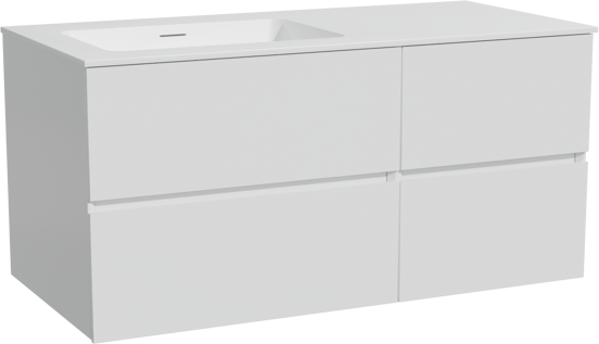Storke Edge zwevend badmeubel 110 x 52 cm mat wit met Mata asymmetrisch linkse wastafel in solid surface mat wit