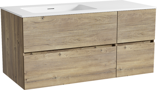 Storke Edge zwevend badmeubel 110 x 52 cm ruw eiken met Mata asymmetrisch linkse wastafel in solid surface mat wit