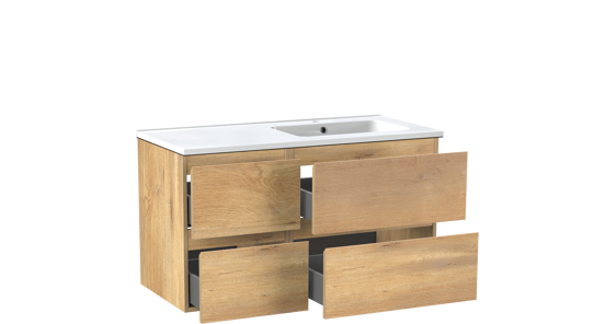 Linie Lado zwevend badmeubel 100 x 46 cm naturel eiken met Vano asymmetrisch rechtse wastafel in composietmarmer hoogglans wit