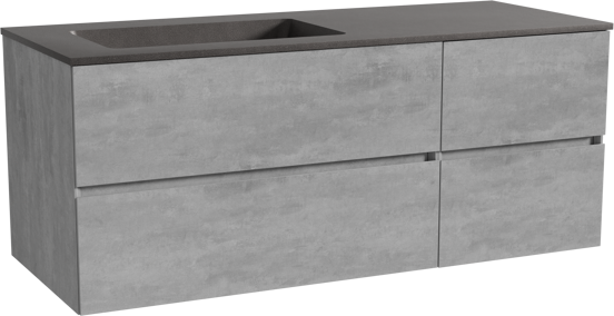 Storke Edge zwevend badmeubel 130 x 52 cm beton donkergrijs met Scuro asymmetrisch linkse wastafel in kwarts mat zwart