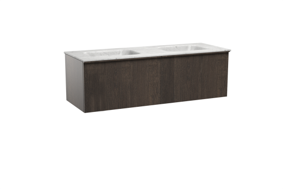 Balmani Forma zwevend badkamermeubel 150 x 55 cm gerookte eik met Tablo Arcato dubbele wastafel in marmer carrara, Verticale symmetrische rechte ribbel