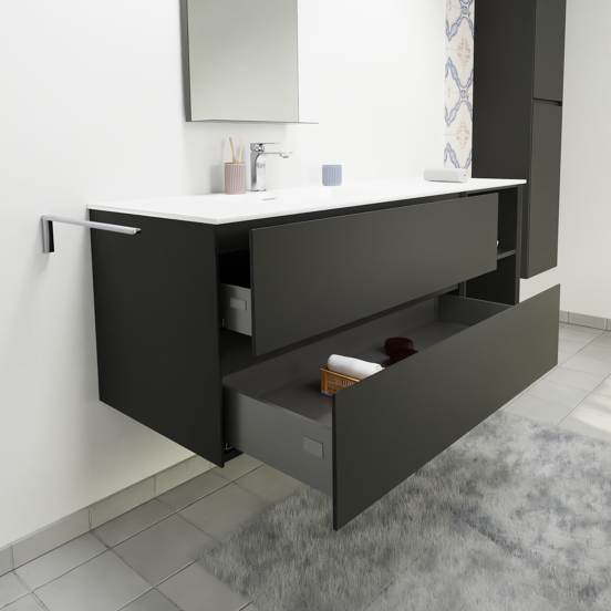 Storke Edge meuble salle de bains suspendu 150 x 52 cm noir mat avec Scuro High plan vasque asymétrique à gauche en quartz noir mat