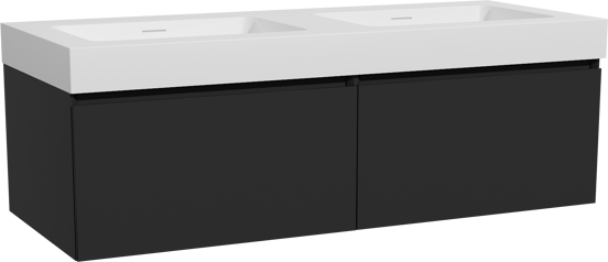 Storke Edge zwevend badmeubel 130 x 52 cm mat zwart met Mata High dubbele wastafel in solid surface mat wit