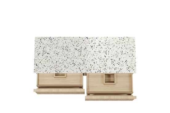 Balmani Forma hängendes Möbelstück Set: 150 x 55 cm, Naturbelassene Eiche, mit Stretto Einzel- oder Doppel Waschtischplatte, Terrazzo in Weiß/Schwarz matt, Vertikale asymmetrische Runde Rippe