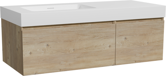 Storke Edge meuble salle de bains suspendu 120 x 52 cm chêne brut avec Mata High plan vasque asymétrique à gauche en solid surface blanc mat