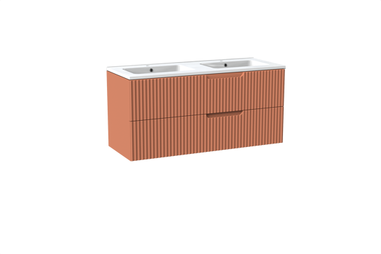 Linie Ribbo meuble salle de bains suspendu 120 x 46 cm cotto avec Vano double vasque en marbre composite blanc brillant, Nervure circulaire symétrique verticale
