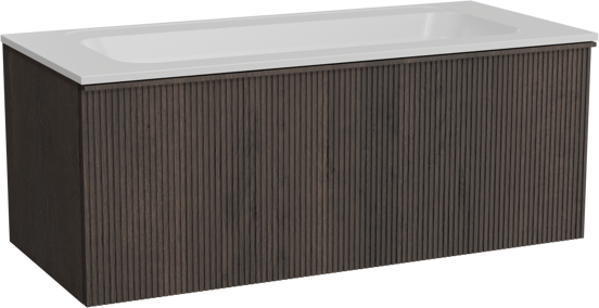 Balmani Forma zwevend badkamermeubel 120 x 55 cm gerookte eik met Tablo Strada enkele wastafel in composietmarmer mat wit, Verticale symmetrische rechte ribbel