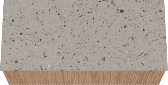 Balmani Forma hängendes Möbelstück Set: 120 x 55 cm, Teak, mit Stretto Einzel- oder Doppel Waschtischplatte, Terrazzo in Greige, Vertikale symmetrische gerade Rippe