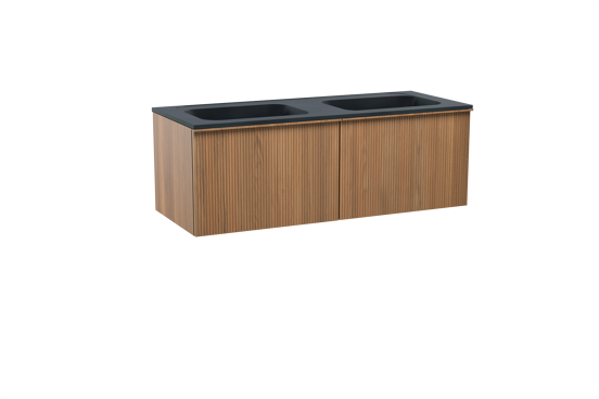 Balmani Forma hängendes Möbelstück Set: 135 x 55 cm, Teak, mit Tablo Strada Doppelwaschtisch, Marmorkomposit, Schwarz matt, Vertikale symmetrische gerade Rippe
