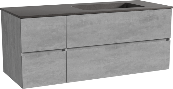 Storke Edge zwevend badmeubel 130 x 52 cm beton donkergrijs met Scuro asymmetrisch rechtse wastafel in kwarts mat zwart