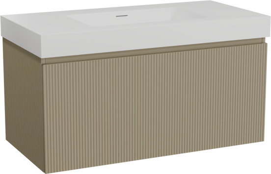 Storke Ribs zwevend badkamermeubel 105 x 52 cm zijdegrijs met Mata High enkele wastafel in solid surface mat wit, Verticale symmetrische rechte ribbel