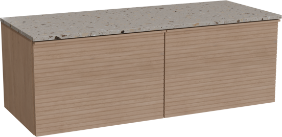 Balmani Forma zwevend badkamermeubel 135 x 55 cm natuur eik met Stretto enkel of dubbel tablet in terrazzo greige terrazzo, Horizontale symmetrische rechte ribbel