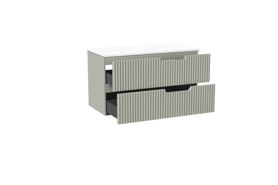 Linie Ribbo meuble salle de bains suspendu 100 x 46 cm greige avec Lado tablette simple ou double en marbre composite blanc mat, Nervure circulaire symétrique verticale