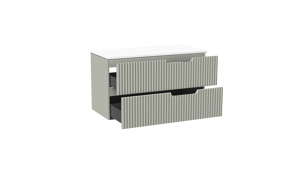 Linie Ribbo meuble salle de bains suspendu 100 x 46 cm greige avec Lado tablette simple ou double en marbre composite blanc brillant, Nervure circulaire symétrique verticale