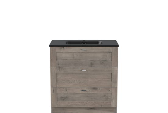 Linie Classo staand badkamermeubel 80 x 46 cm grijze eik met Baro enkele wastafel in porselein mat zwart