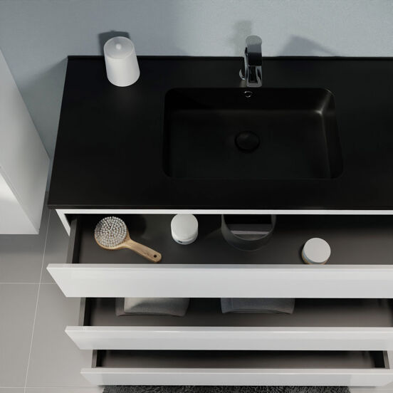 Linie Lado staand badkamermeubel 120 x 46 cm glanzend wit met Vano dubbele wastafel in composietmarmer mat zwart