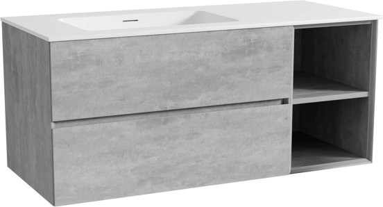 Storke Edge meuble salle de bains suspendu 120 x 52 cm béton gris foncé avec Mata plan vasque asymétrique à gauche en solid surface blanc mat