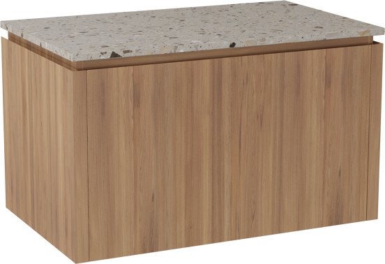 Balmani Eclips hängendes Möbelstück Set: 90 x 55 cm, Teak, mit Stretto Einzel Waschtischplatte Greige Terrazzo
