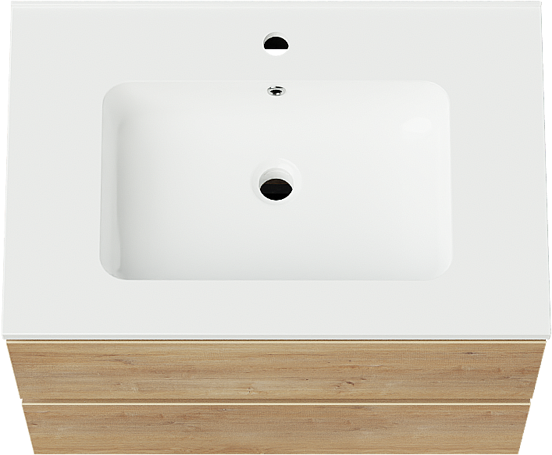 Linie Lado hängendes Möbelstück Set: 70 x 46 cm, Naturbelassene Eiche, mit Vano Einzelwaschtisch, Marmorkomposit Weiß glänzend