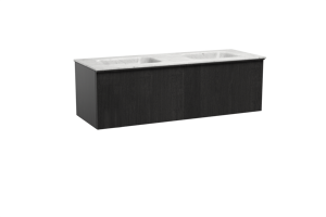 Balmani Forma hängendes Möbelstück Set: 150 x 55 cm, Schwarze Eiche, mit Tablo Arcato Doppelwaschtisch, Marmor, Carrara, Vertikale symmetrische gerade Rippe