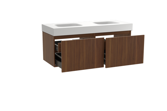 Balmani Sfera hängendes Möbelstück Set: 135 x 55 cm, Amerikanischer Nussbaum, mit Arcato Doppelwaschtisch, Solid Surface Weiß matt