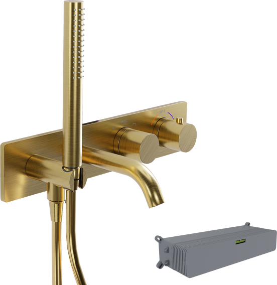 Blaufoss Round inbouw badkraan thermostatisch met handdouche Brushed Gold incl. inbouwelement
