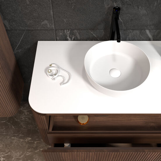 Balmani Moon meuble salle de bains suspendu 100 x 55 cm noyer américain avec Moon tablette simple en solid surface blanc mat, Nervure droite symétrique verticale