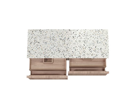 Balmani Forma zwevend badmeubel 150 x 55 cm teakhout met Stretto enkel of dubbel wastafelblad in mat wit/zwart terrazzo, Verticale symmetrische rechte ribbel