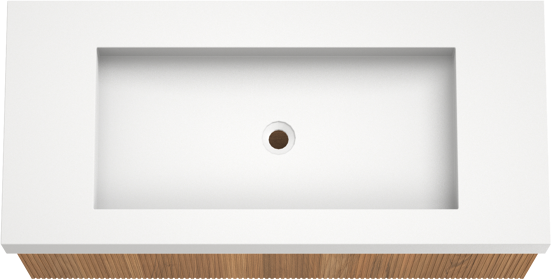 Balmani Forma zwevend badkamermeubel 120 x 55 cm teak met Modus enkele wastafel voor 2 kraangaten in solid surface mat wit, Verticale symmetrische rechte ribbel