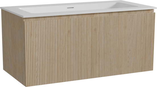 Storke Ribs hängendes Möbelstück Set: 105 x 52 cm, Rohe Eiche, mit Mata Einzelwaschtisch für 2 Armaturenlöcher, Solid Surface, Weiß matt, Vertikale symmetrische gerade Rippe