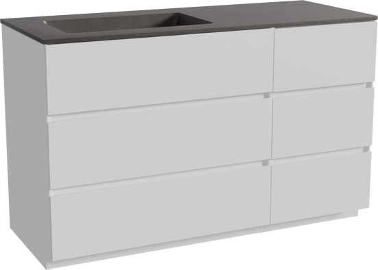 Storke Edge staand badkamermeubel 130 x 52 cm mat wit met Scuro asymmetrisch linkse wastafel in kwarts mat zwart