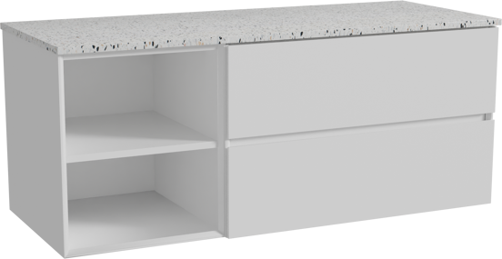 Storke Edge meuble salle de bains suspendu 130 x 52 cm blanc mat avec Tavola tablette simple ou double en blanc/noir mat terrazzo
