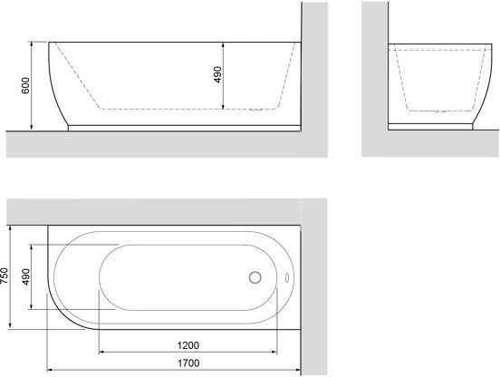 Linie Paulo baignoire d'angle droite mono 170 x 75 cm acrylique blanc mat
