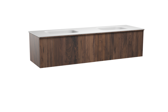 Balmani Forma hängendes Möbelstück Set: 180 x 55 cm, Amerikanischer Nussbaum, mit Tablo Arcato Doppelwaschtisch, Solid Surface, Weiß matt, Vertikale symmetrische gerade Rippe