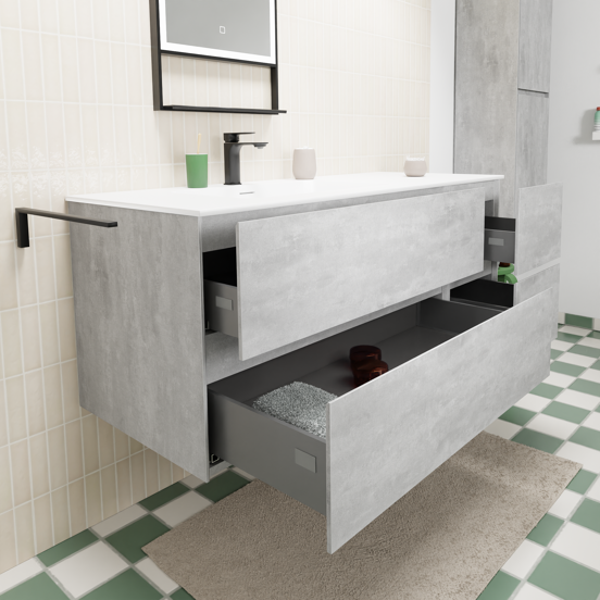 Storke Edge meuble salle de bains suspendu 130 x 52 cm béton gris foncé avec Mata plan vasque asymétrique à gauche en solid surface blanc mat