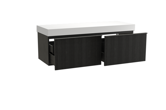 Balmani Forma zwevend badkamermeubel 150 x 55 cm zwarte eik met Dominus enkel of dubbel tablet in solid surface mat wit, Verticale symmetrische rechte ribbel