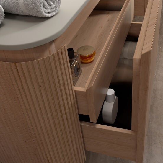 Balmani Moon meuble salle de bains suspendu 160 x 55 cm chêne naturel avec Moon double vasque en top solid soie grise, Nervure droite symétrique verticale