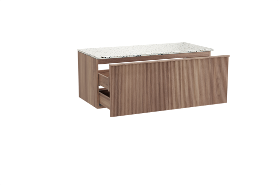 Balmani Forma hängendes Möbelstück Set: 120 x 55 cm, Teak, mit Stretto Einzel- oder Doppel Waschtischplatte, Terrazzo in Weiß/Schwarz matt, Vertikale symmetrische gerade Rippe