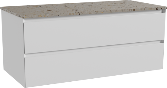 Balmani Mitra hängendes Möbelstück Set: 120 x 55 cm, Weiß matt, mit Stretto Einzel- oder Doppel Waschtischplatte, Terrazzo in Greige