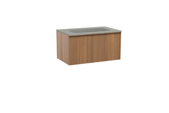 Balmani Forma hängendes Möbelstück Set: 90 x 55 cm, Teak, mit Tablo Strada Einzelwaschtisch, Marmorkomposit, Seidengrau, Vertikale symmetrische gerade Rippe