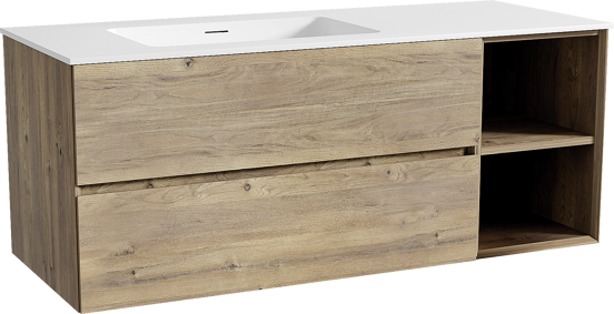 Storke Edge meuble salle de bains suspendu 130 x 52 cm chêne brut avec Mata plan vasque asymétrique à gauche en solid surface blanc mat