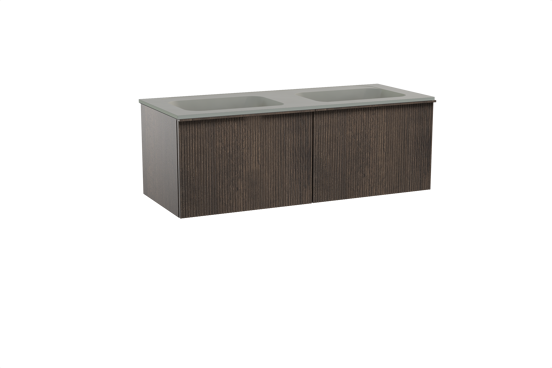 Balmani Forma zwevend badkamermeubel 135 x 55 cm gerookte eik met Tablo Strada dubbele wastafel in composietmarmer zijdegrijs, Verticale symmetrische rechte ribbel