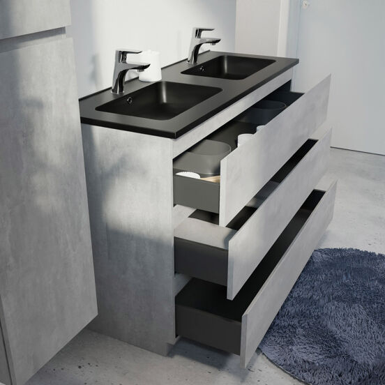 Linie Lado freistehendes Möbelstück Set: 120 x 46 cm, Beton dunkelgrau, mit Vano Doppelwaschtisch, Marmorkomposit Schwarz matt