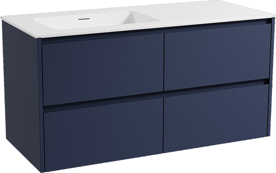 Storke Seda zwevend badkamermeubel 120 x 52 cm nachtblauw met Mata asymmetrisch linkse wastafel in solid surface mat wit