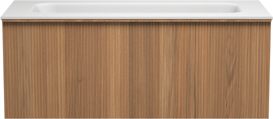 Balmani Forma zwevend badmeubel 120 x 55 cm teakhout met Tablo Arcato enkele wastafel voor 2 kraangaten in solid surface mat wit, Verticale symmetrische rechte ribbel