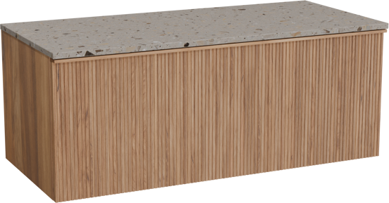 Balmani Forma hängendes Möbelstück Set: 120 x 55 cm, Teak, mit Stretto Einzel- oder Doppel Waschtischplatte, Terrazzo in Greige, Vertikale symmetrische gerade Rippe