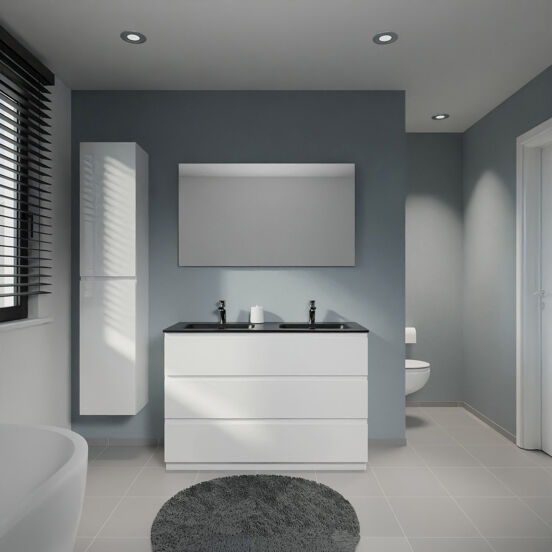 Linie Lado meuble salle de bains à poser 120 x 46 cm blanc brillant avec Baro double vasque en porcelaine noir mat