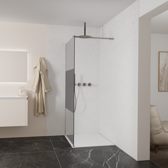 Balmani Modular inloopdouche: 100 x 200 cm, Rookglas met matte strook, Brushed GunMetal profielen